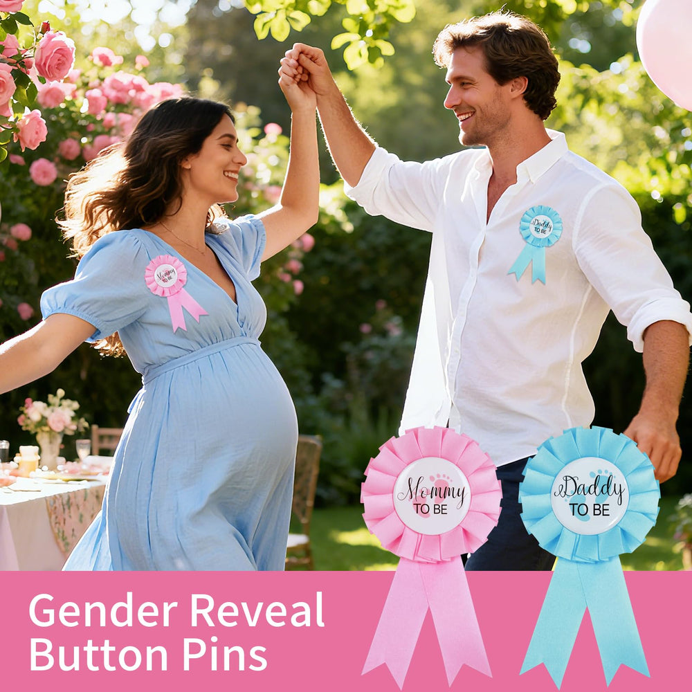 Pins worn on shirt for stylish gender reveal look by MixPeak