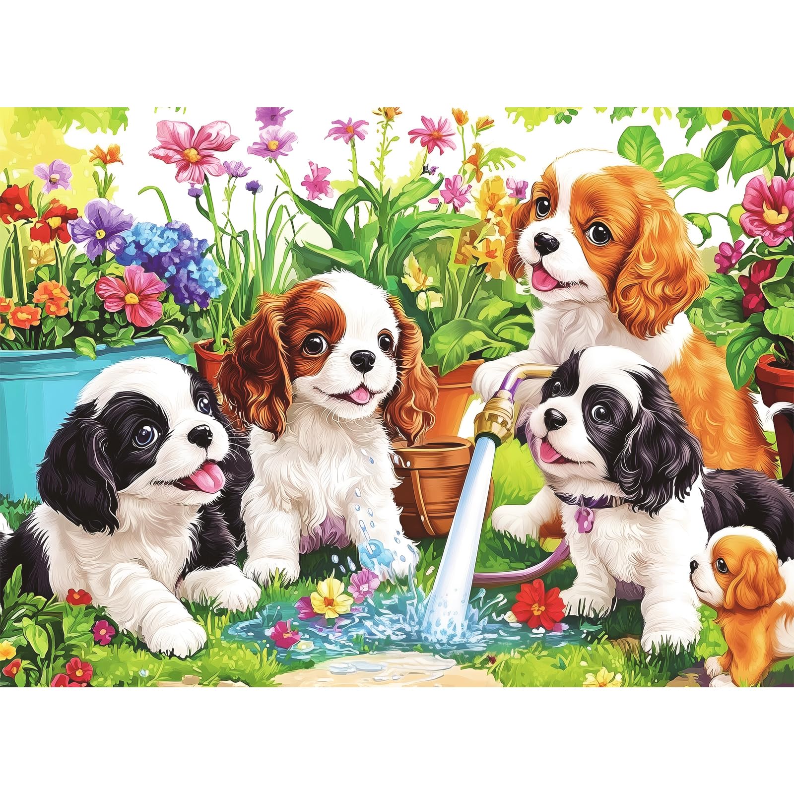 Mjyphdm 300-piece dog puzzle shows dogs in a sunny water garden, ideal for family bonding.