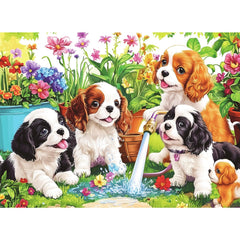Mjyphdm 300-piece dog puzzle shows dogs in a sunny water garden, ideal for family bonding.