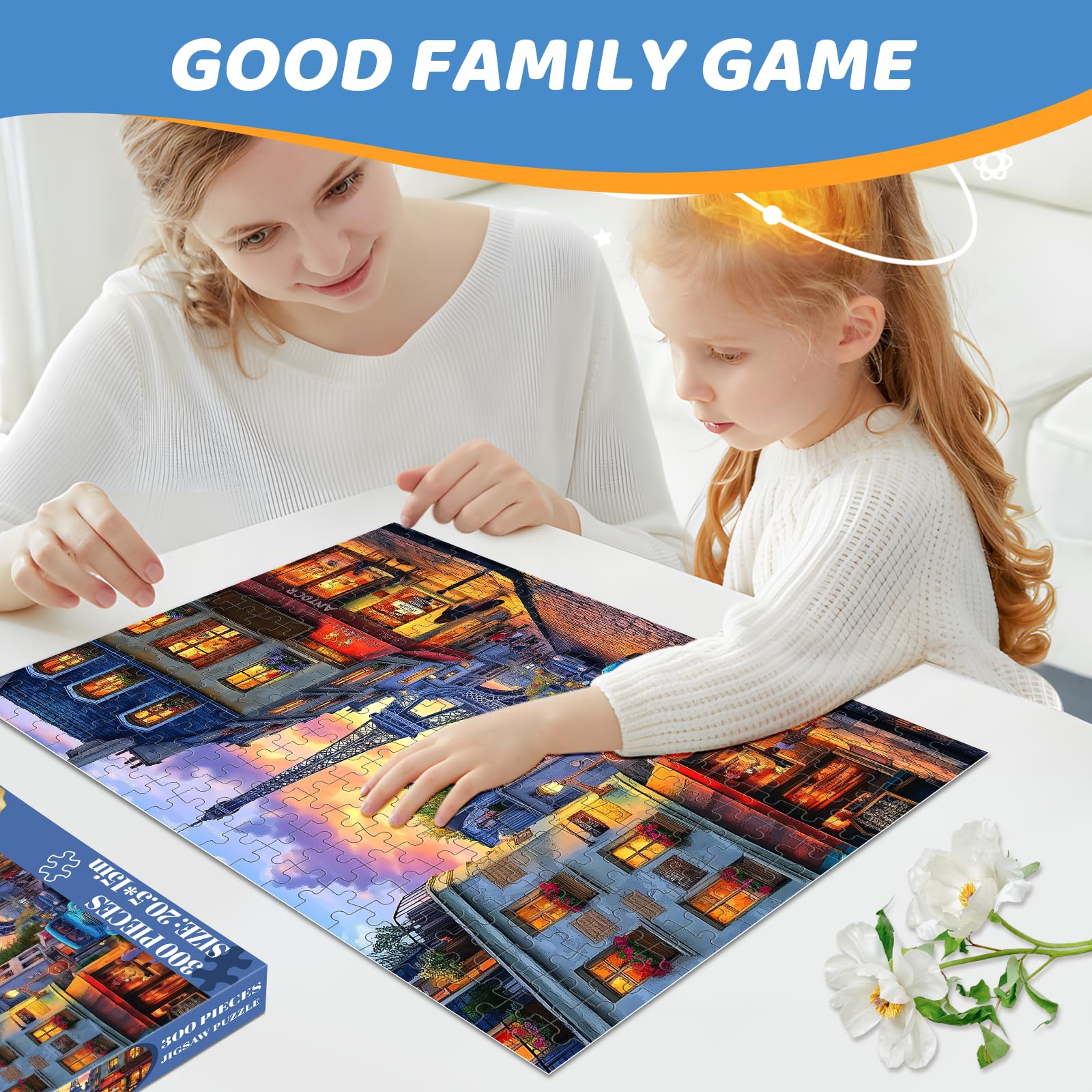 Family enjoys mjyphdm puzzle night with this 300-piece set.
