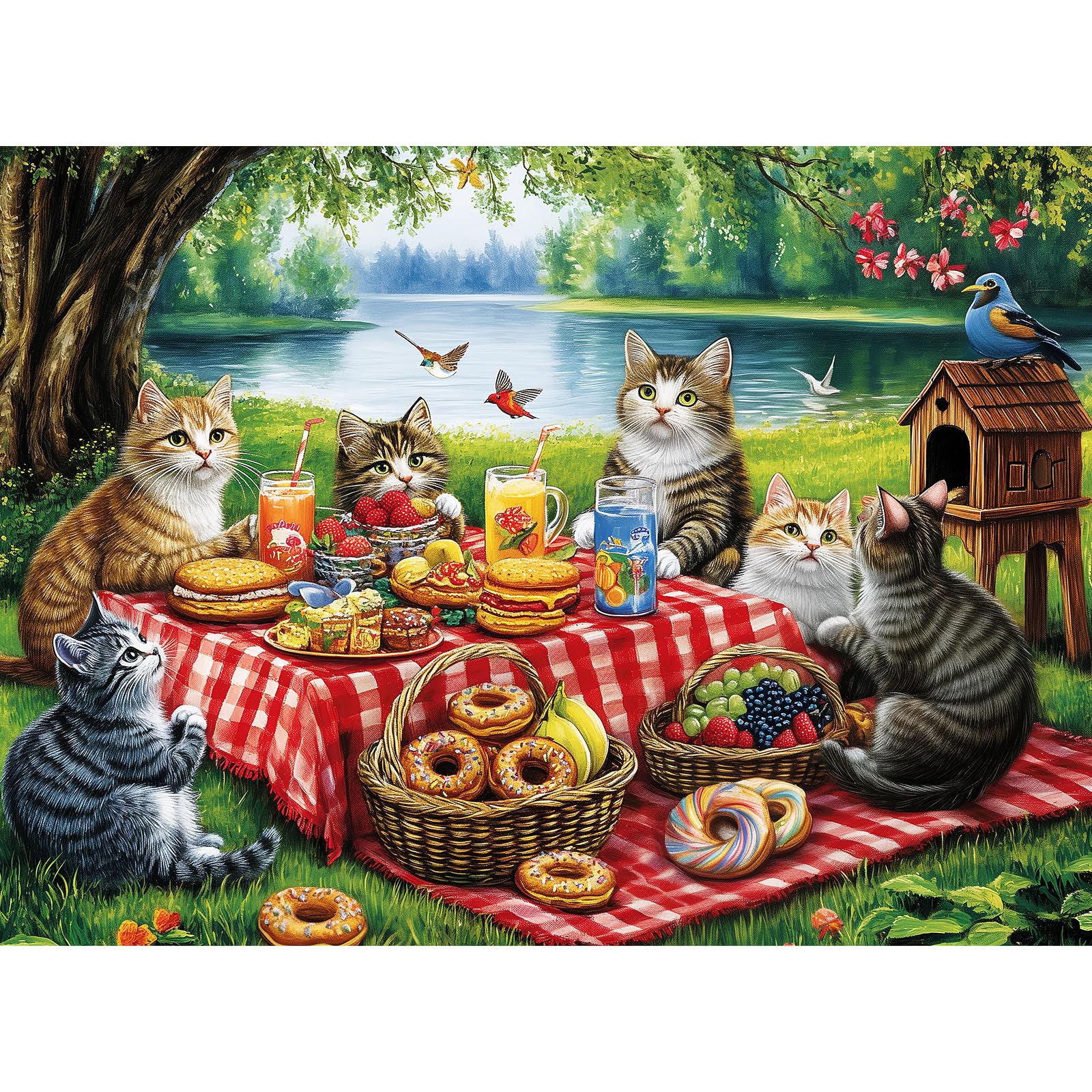 Mjyphdm cat family dinner puzzle with kittens at a picnic.