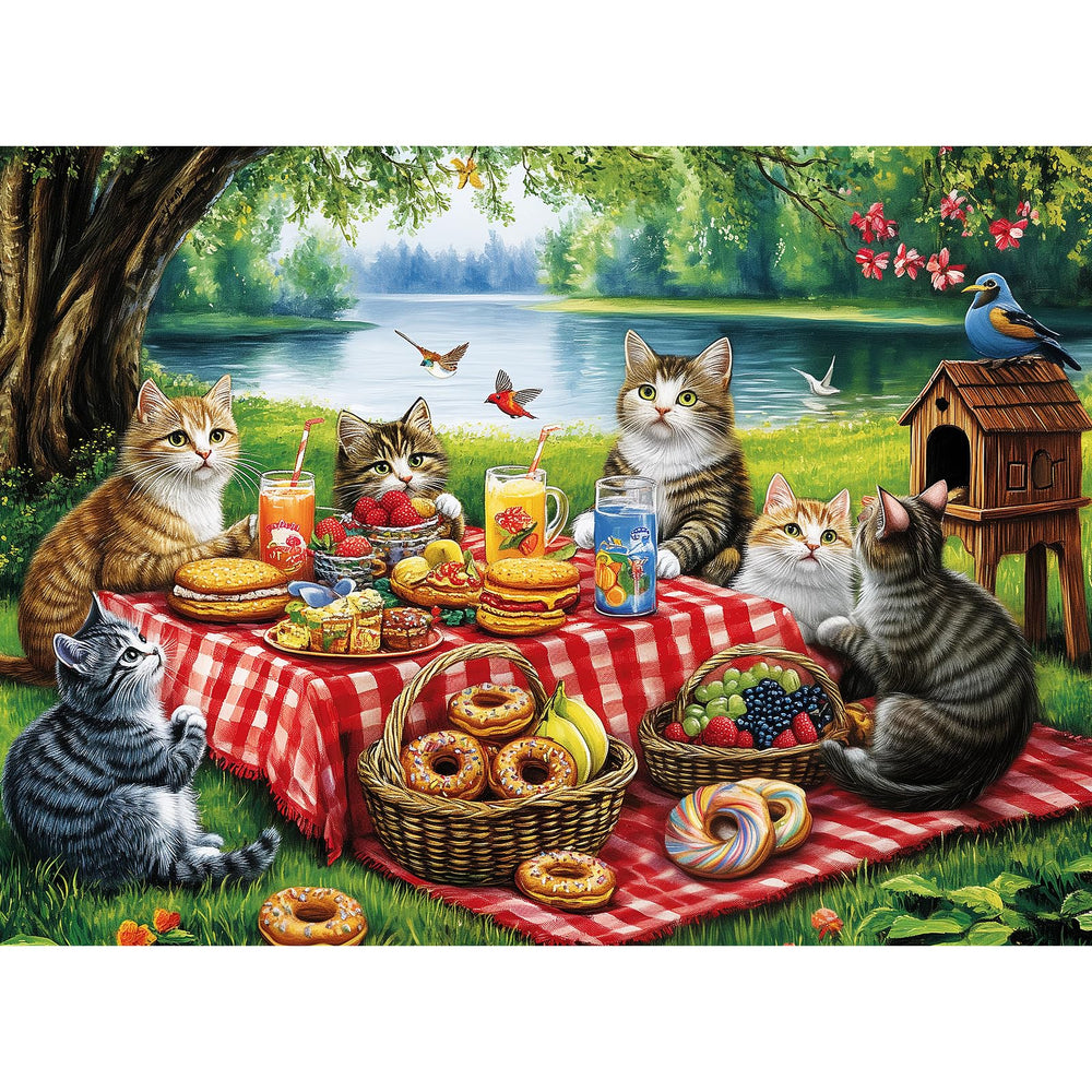 Mjyphdm cat family dinner puzzle with kittens at a picnic.