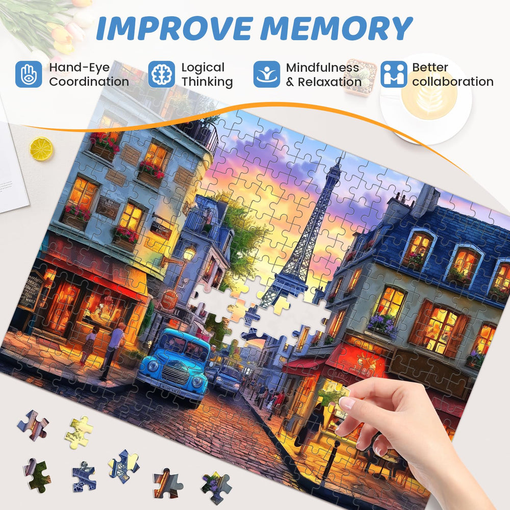 Vibrant colors on mjyphdm Eiffel Tower puzzle captivate the eye.