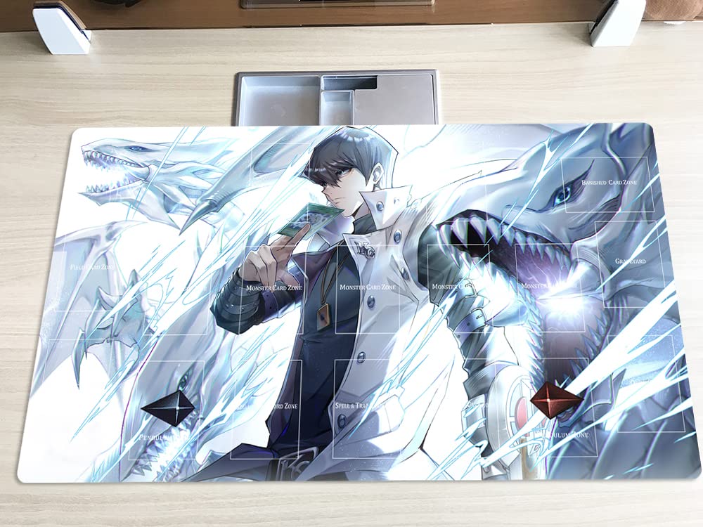 Close-up of Blue-Eyes Dragon artwork on the Mlikemat playmat enhances table aesthetics.