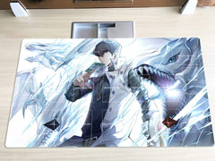 Close-up of Blue-Eyes Dragon artwork on the Mlikemat playmat enhances table aesthetics.
