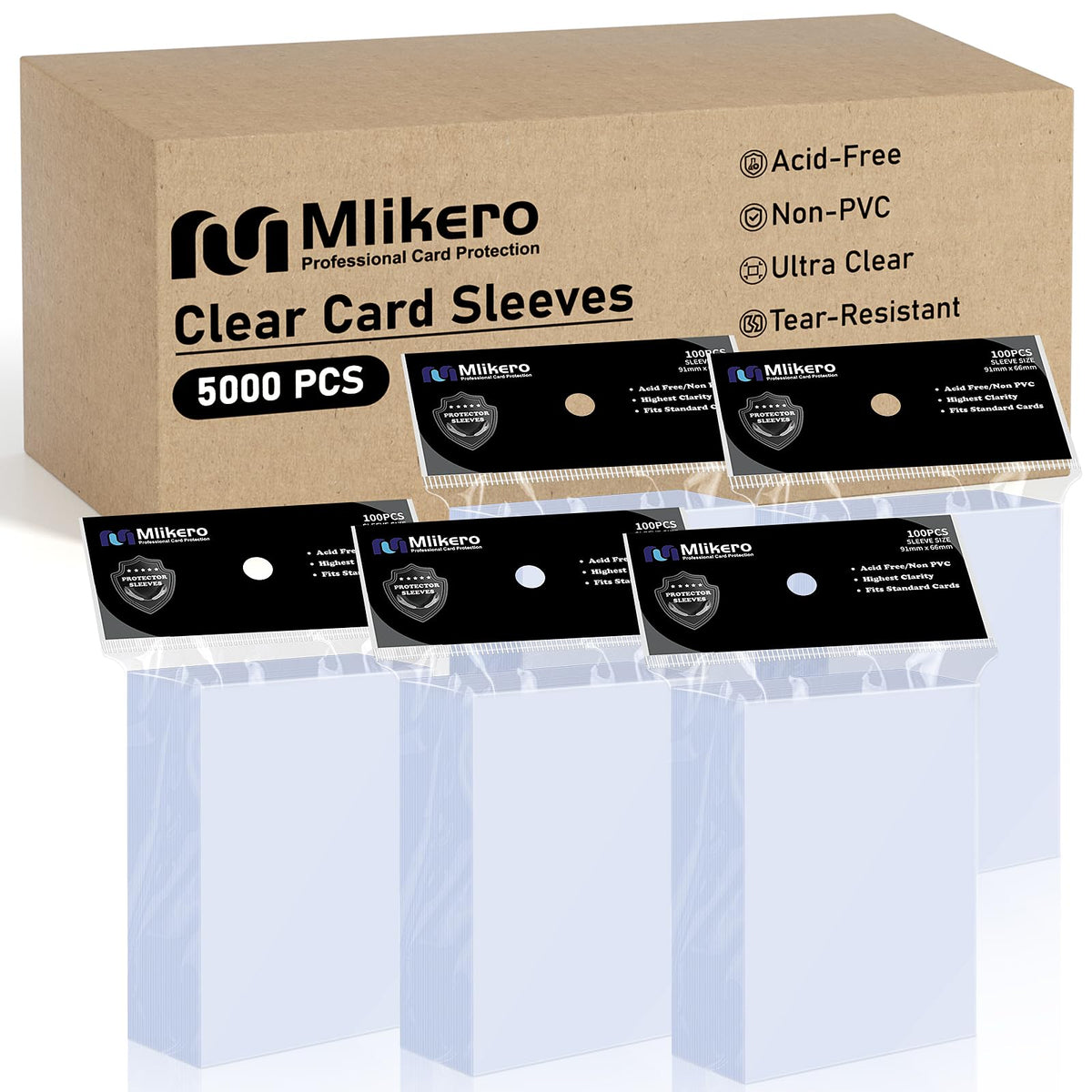 Mlikero 5000-card sleeves pack open for bulk storage and dealer use.