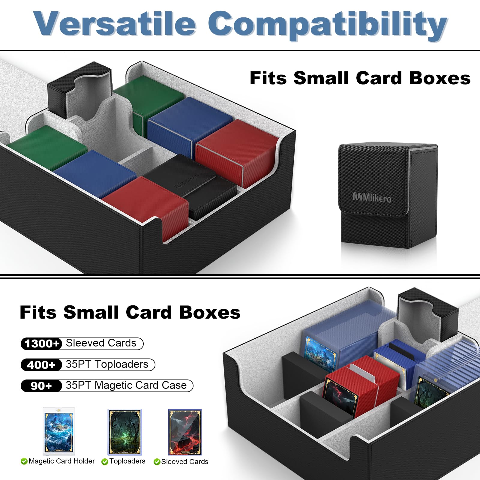 Inside view of Mlikero deck box with dividers for organized collections.