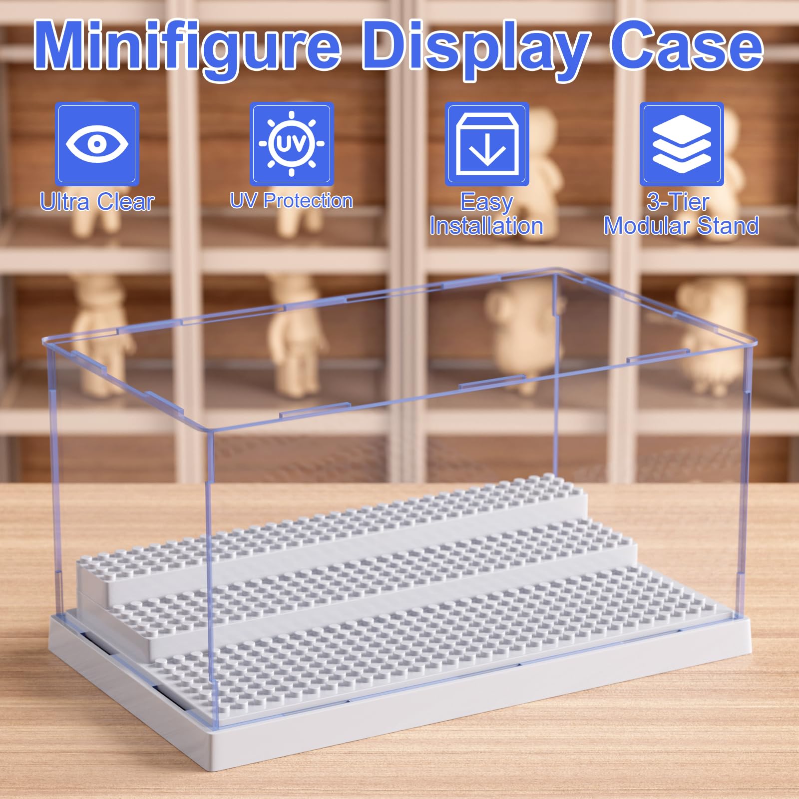 Mlikero minifigures display case, side view, easy access to figures