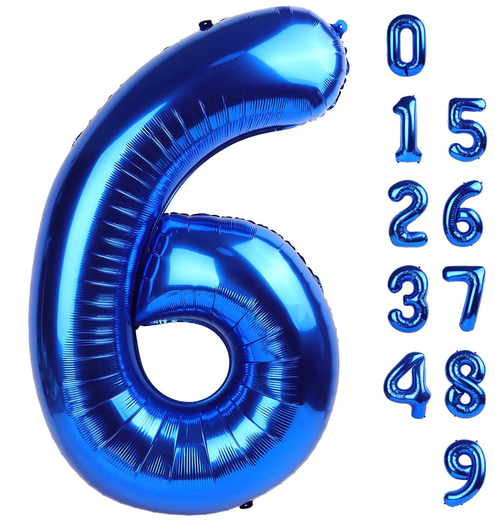 Mluchee 40-inch navy blue number balloon for six-year birthday photos backdrop.