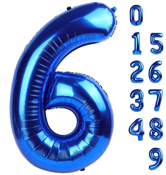 Mluchee 40-inch navy blue number balloon for six-year birthday photos backdrop.