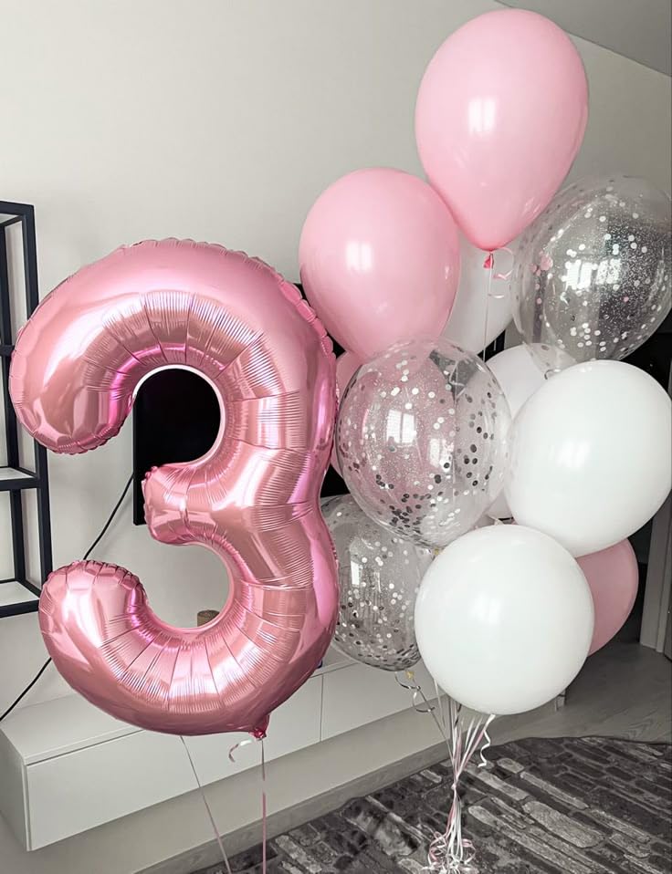 Mluchee pink number balloon display for memorable 3rd birthday celebrations and decorations.