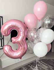Mluchee pink number balloon display for memorable 3rd birthday celebrations and decorations.