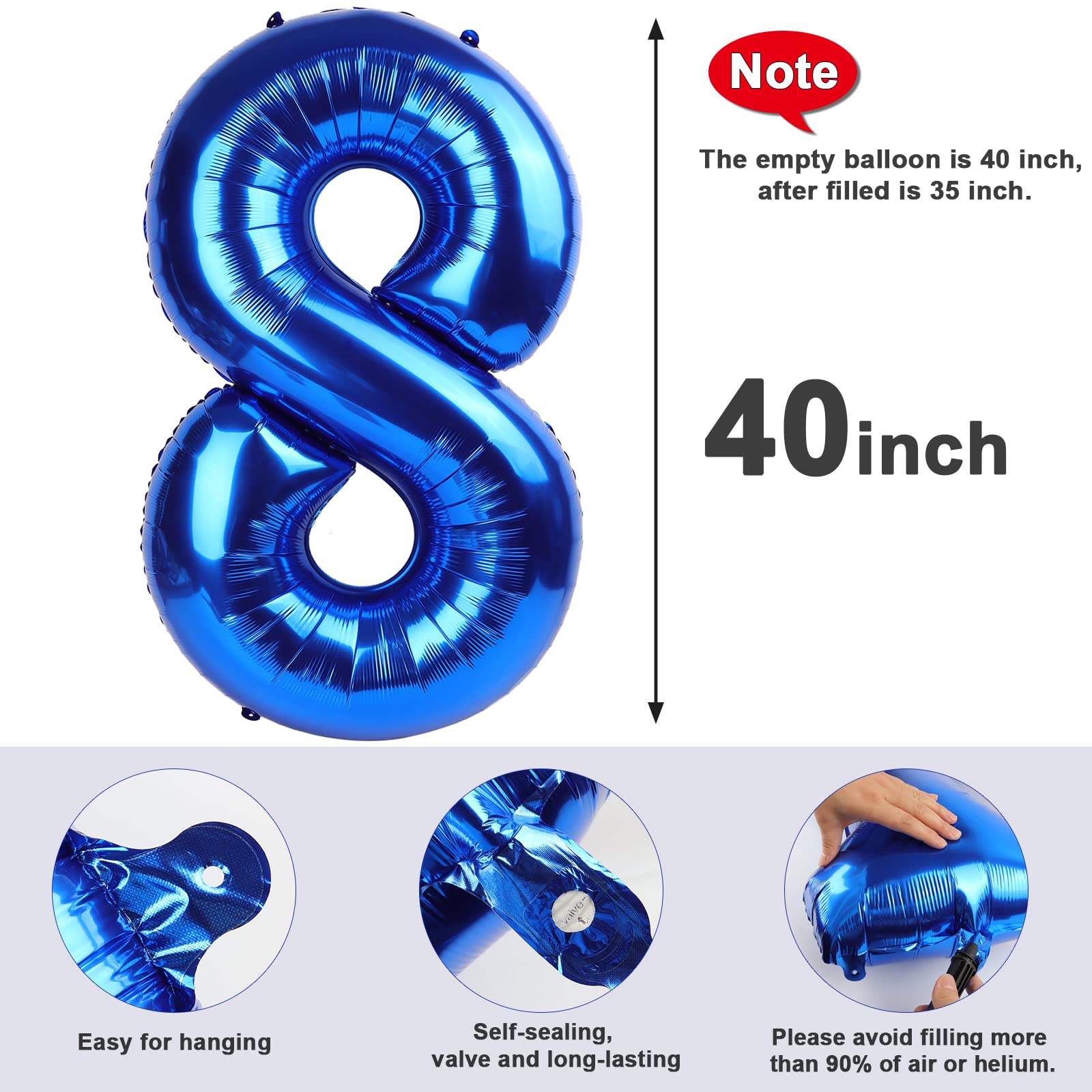 Mluchee navy number 8 balloon suits party tables, ceilings, and stage backdrops.