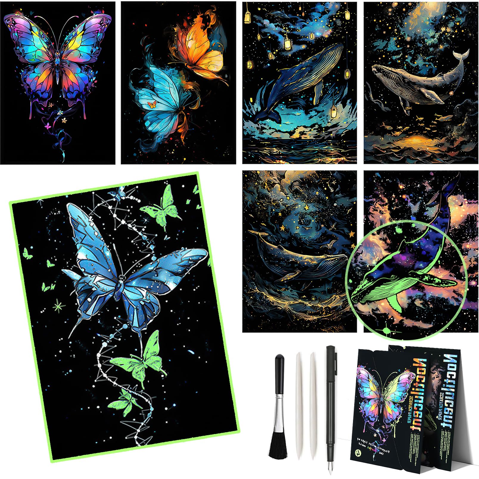 MMUGIT butterfly glow scratch art image showing luminous butterfly design for kids creativity