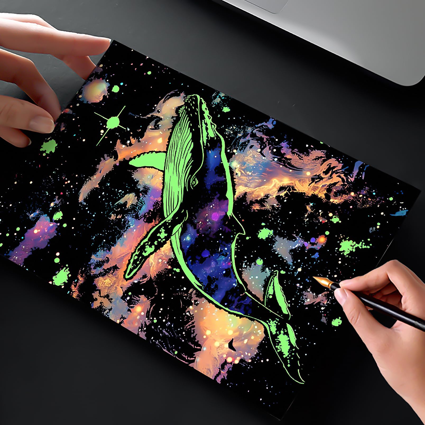 MMUGIT glow scratch art on A4 panel ready for display