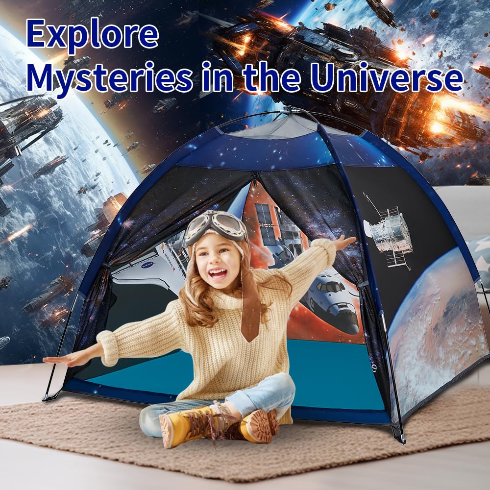 Easy setup mnagant tent shown in a home playroom.
