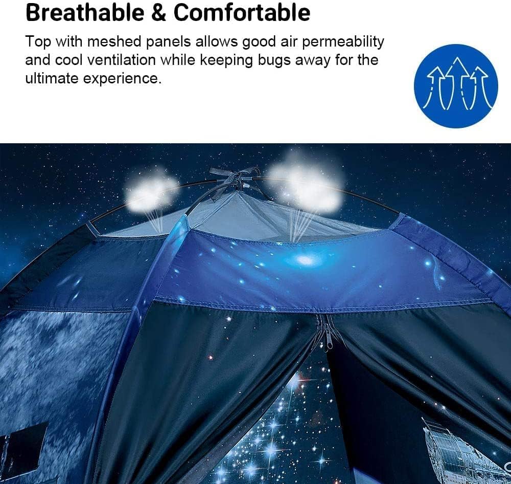 Kids playing inside the Mnagant Space Shuttle Atlantis Dome Tent for imaginative space adventures.