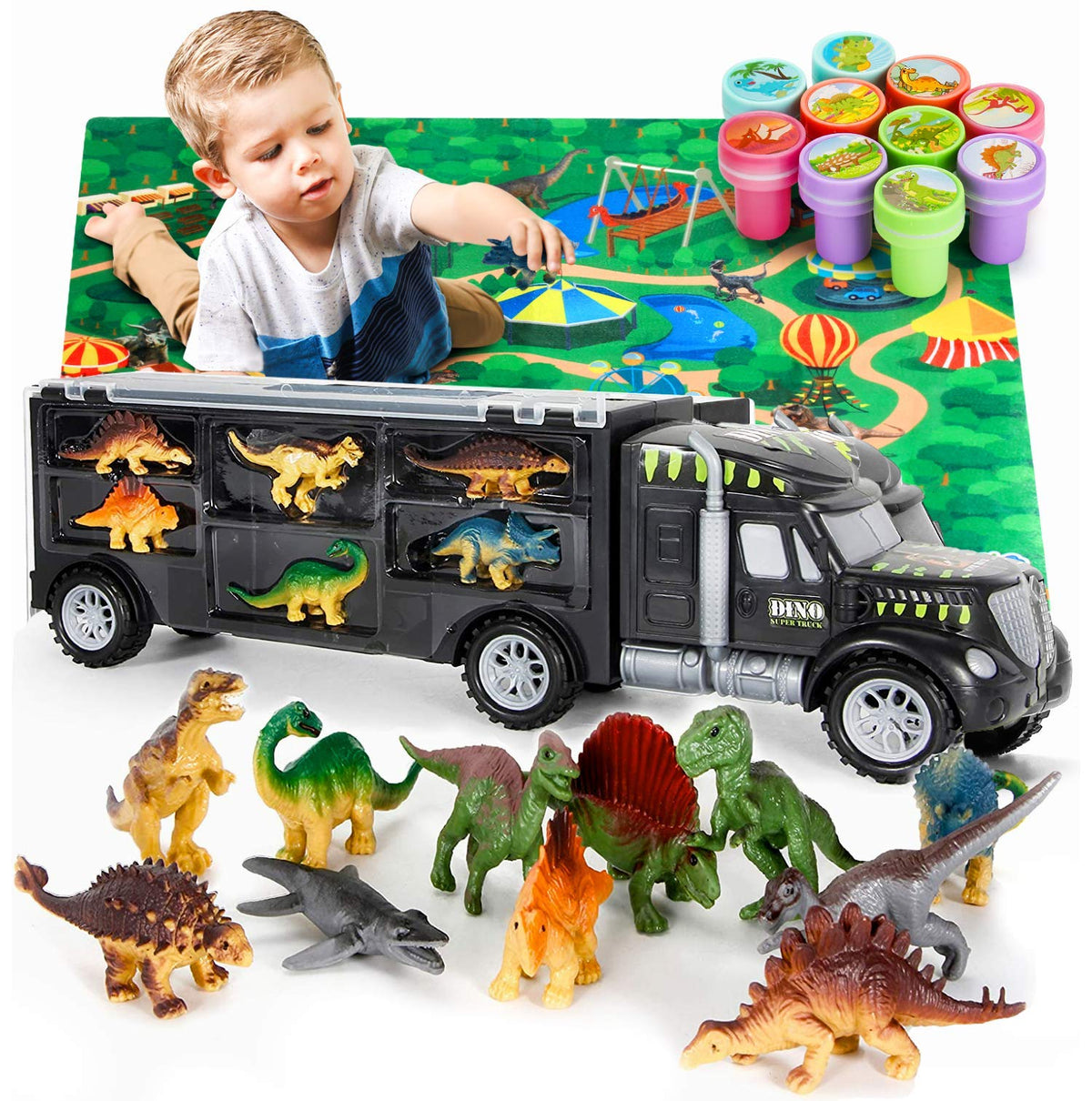 Mobius Toys Dinosaur Truck Carrier front view, durable indoor-outdoor play ready