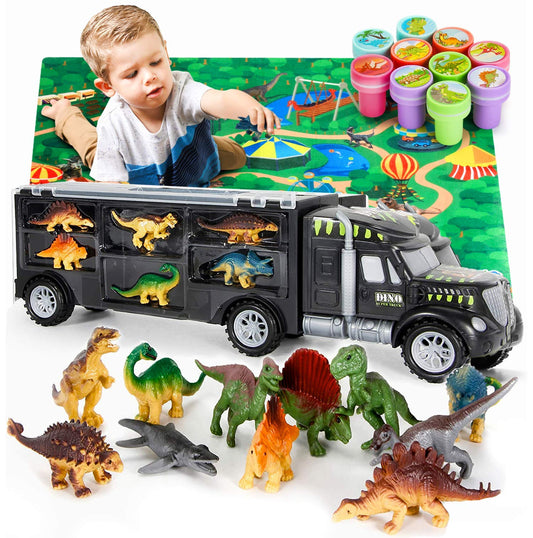 Mobius Toys Dinosaur Truck Carrier front view, durable indoor-outdoor play ready