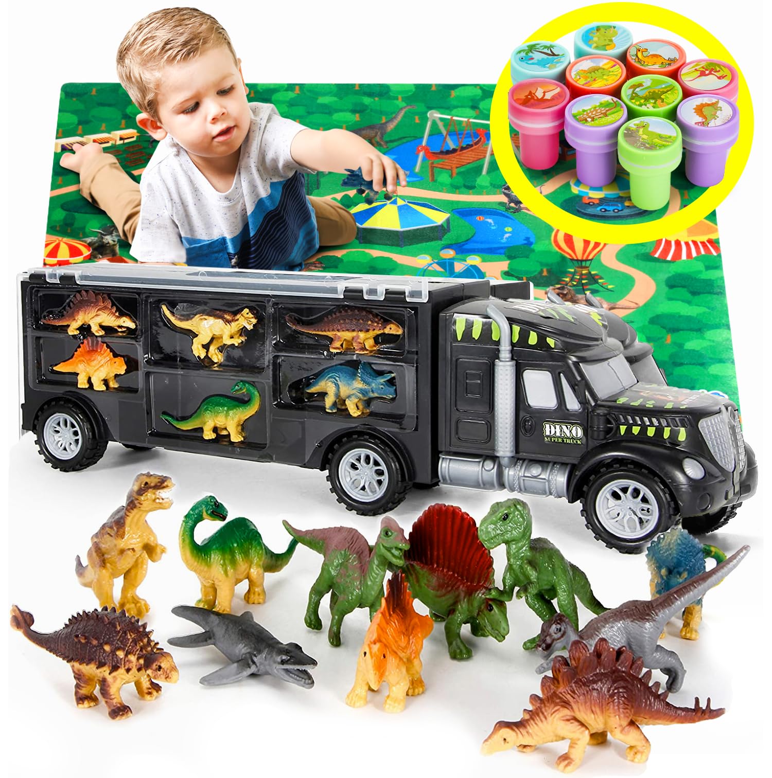 Mobius Toys Dinosaur Truck Carrier outdoor play scene, sturdy for backyard adventures