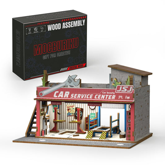 MOCBURIKU 164-scale diorama interior view with tool wall and lift for display.