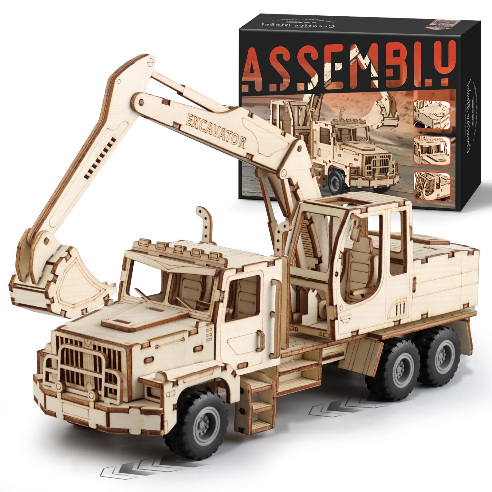 MOCBURIKU excavator 3D puzzle assembly showcases detailed parts for focused building.