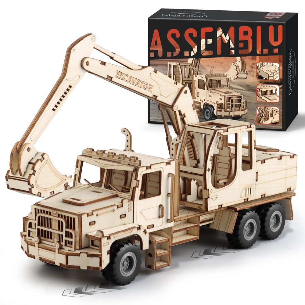 MOCBURIKU excavator 3D puzzle assembly showcases detailed parts for focused building.