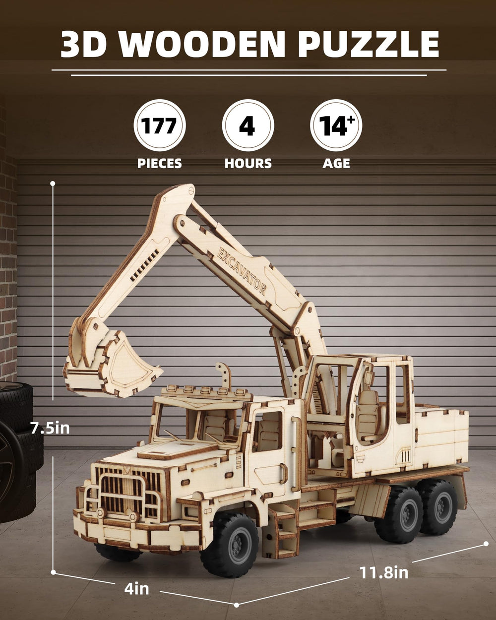 MOCBURIKU excavator wood parts closeup highlights precise laser-cut craftsmanship.