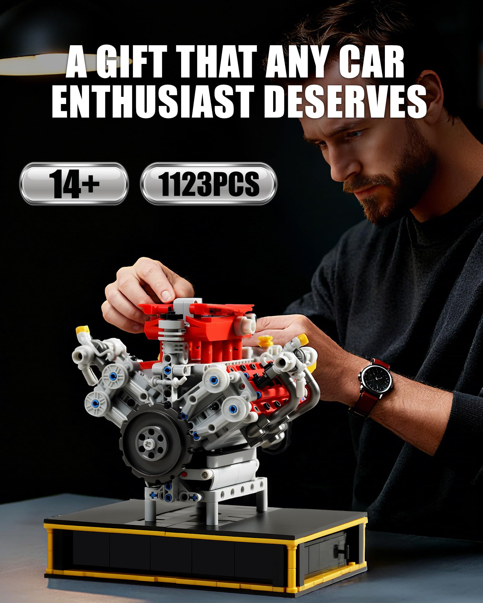 MOCBURIKU Mini V8 Engine Kit display stand showcases the model.