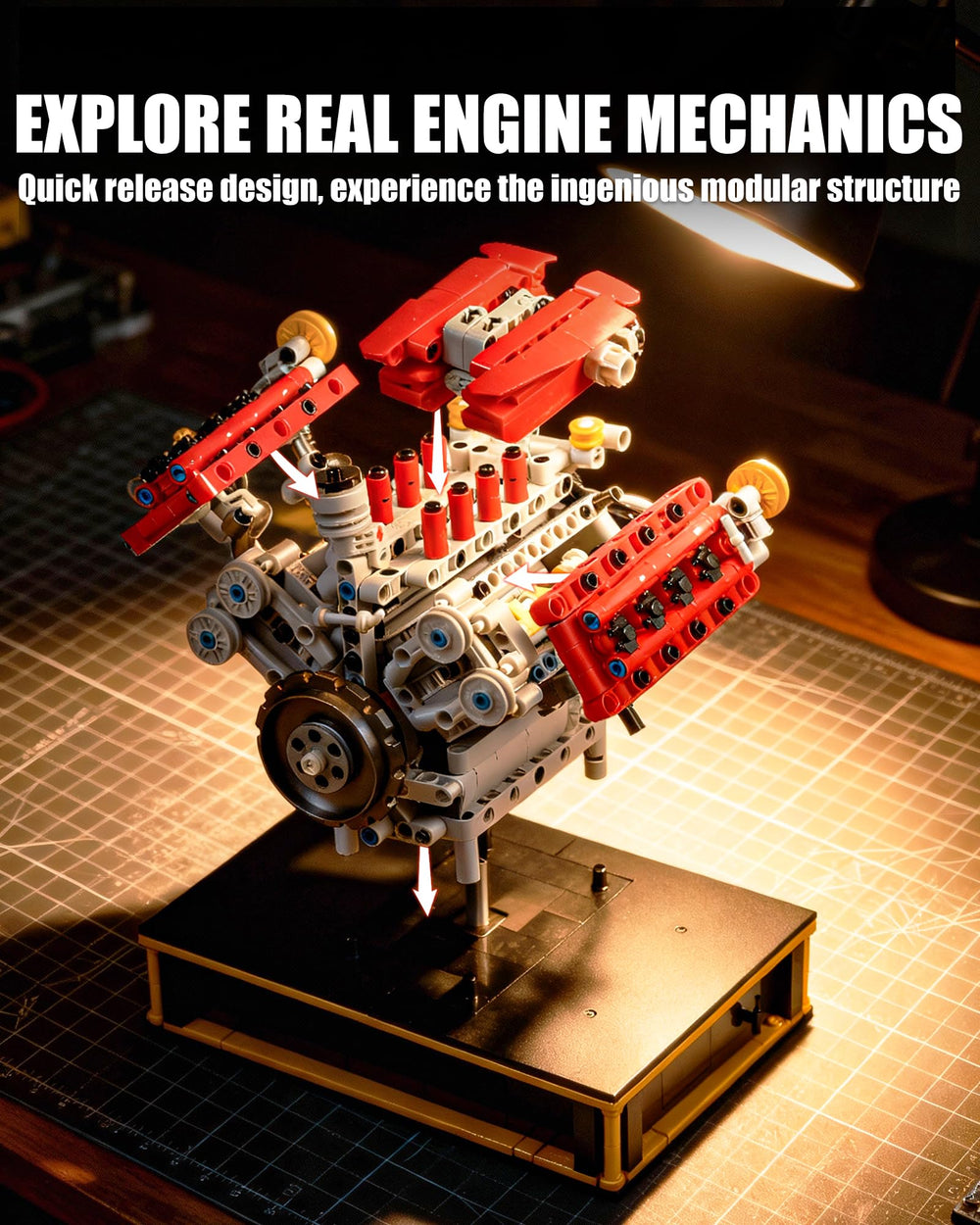 MOCBURIKU Mini V8 Engine Kit valvetrain and exhaust detail for learners.