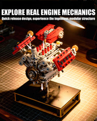 MOCBURIKU Mini V8 Engine Kit valvetrain and exhaust detail for learners.