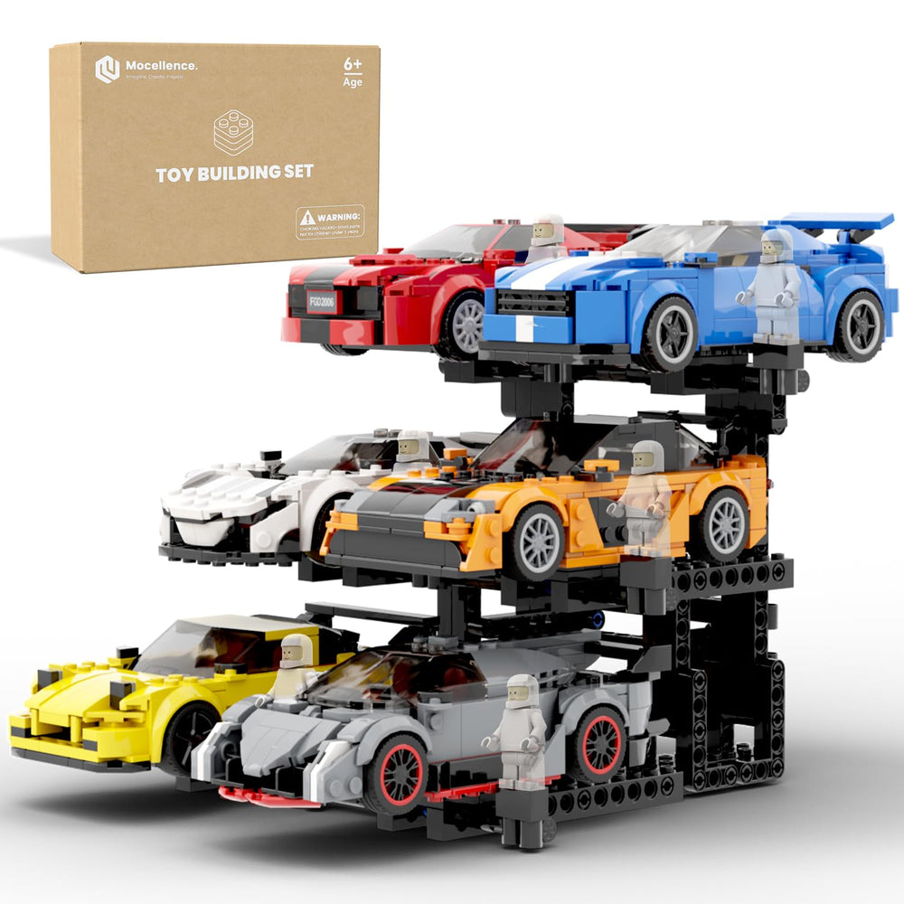 Mocellence display stand with six Lego Speed Champions cars on a three-tier rack.