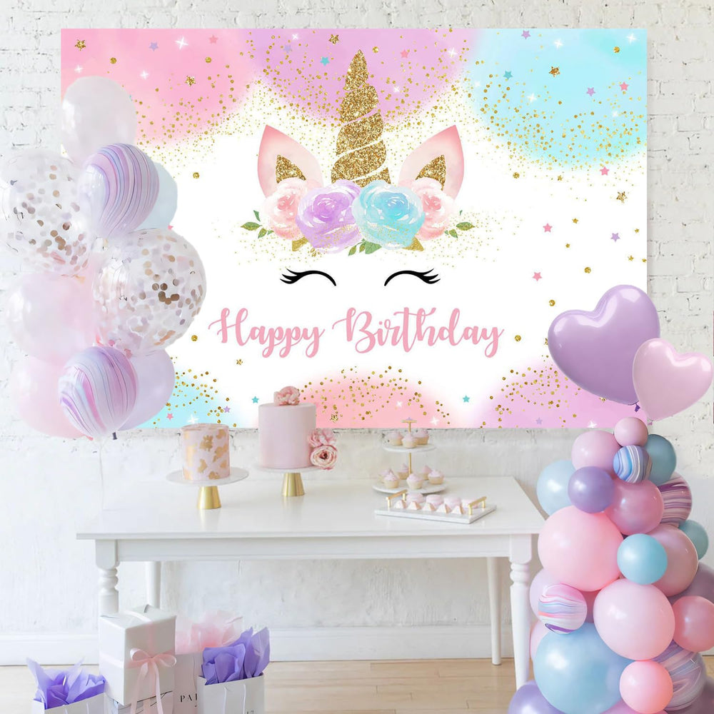 Mocsicka happy birthday banner with unicorn motif ideal for photo booths.