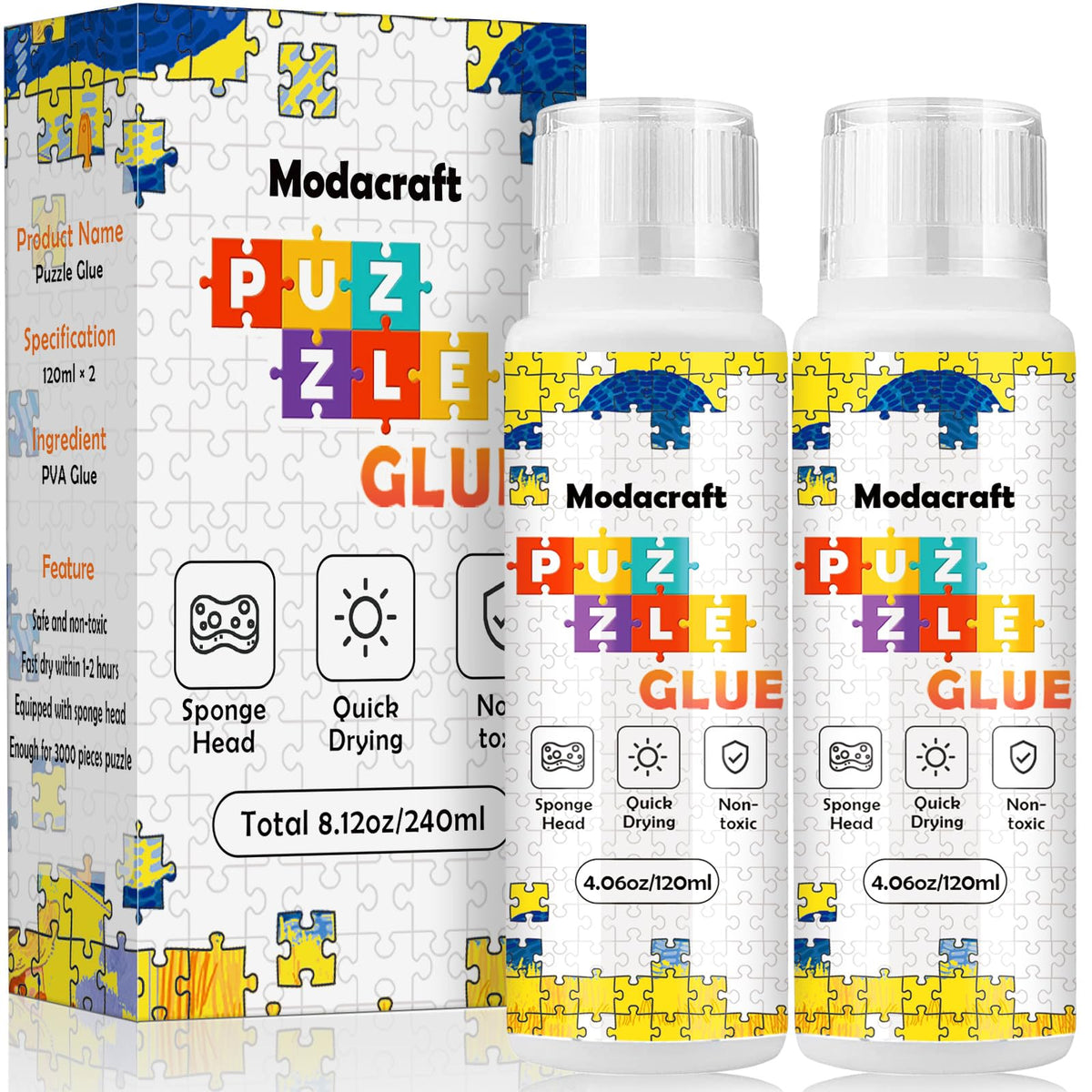 Modacraft jigsaw glue 2-pack bottles for easy, even coverage on large puzzles.