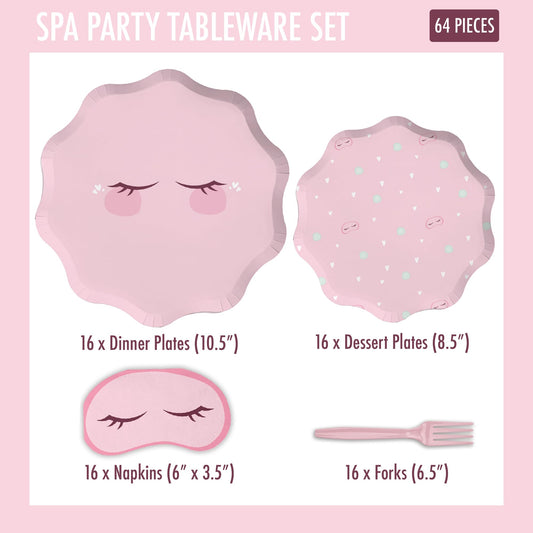 Modern Whimsy spa party dessert plates with cake and treats in pink theme