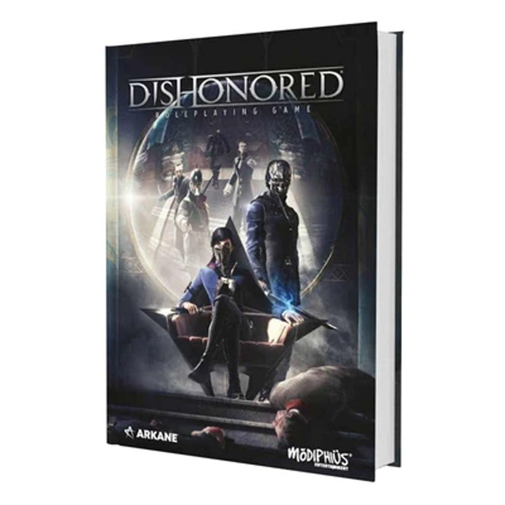 Modiphius Dishonored RPG Core Book cover showing emblem and dark city mood for immersive storytelling.