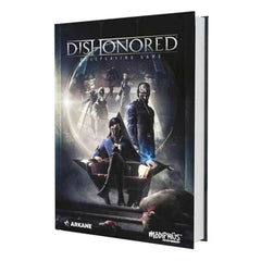 Modiphius Dishonored RPG Core Book cover showing emblem and dark city mood for immersive storytelling.