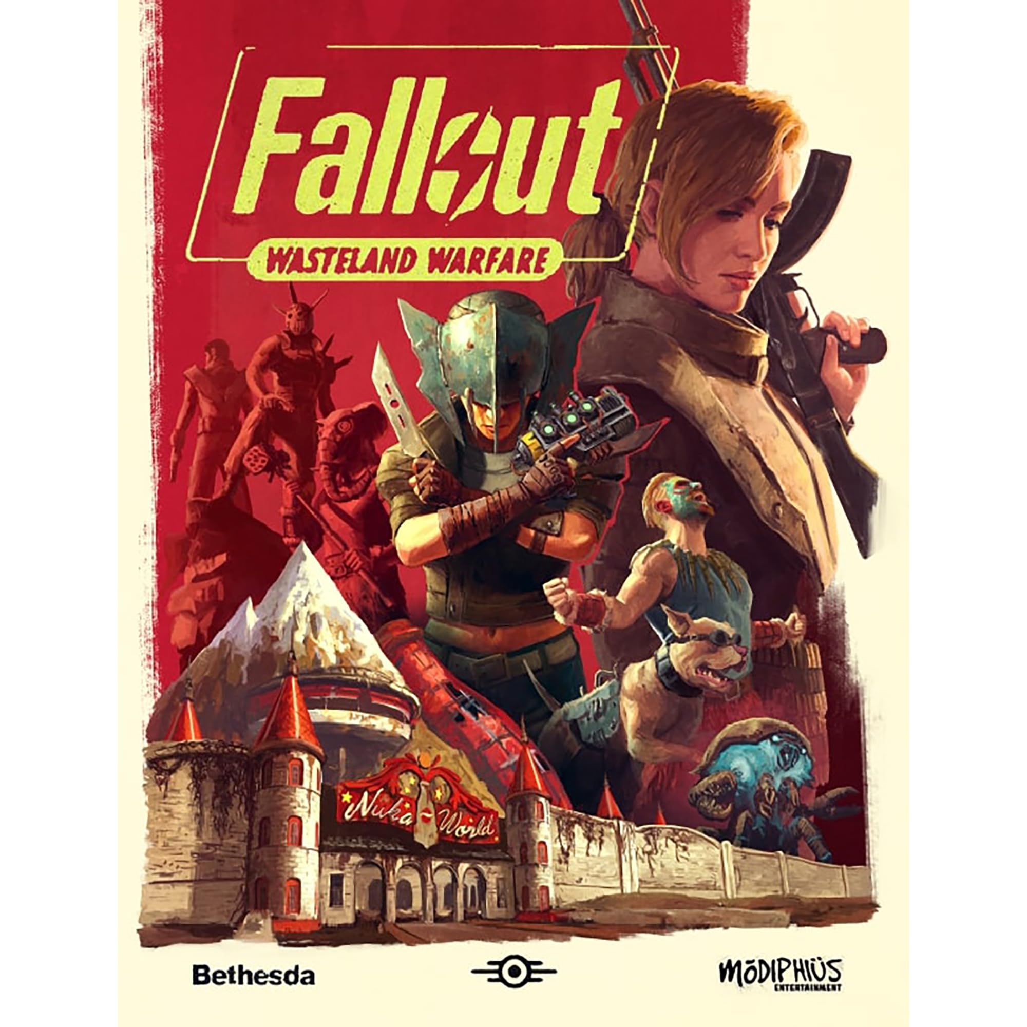 Modiphius Fallout Factions Nuka-World scene miniatures in action.