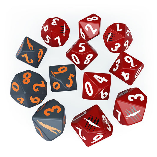Modiphius Fallout Factions The Disciples dice set with 12 engraved dice for immersive gameplay.