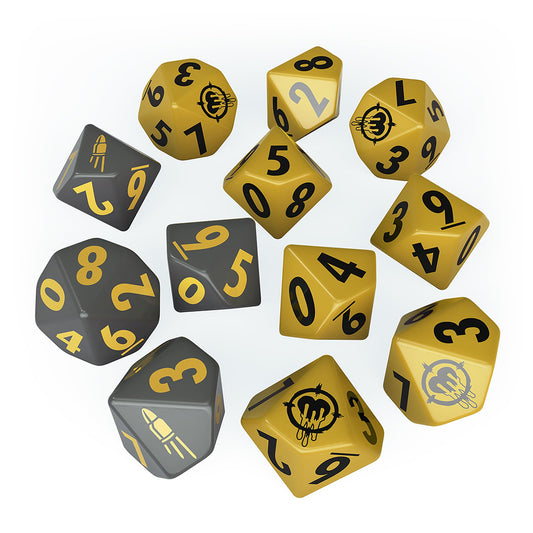 Modiphius Fallout Factions Operators dice set with 12 unique dice for immersive gameplay.
