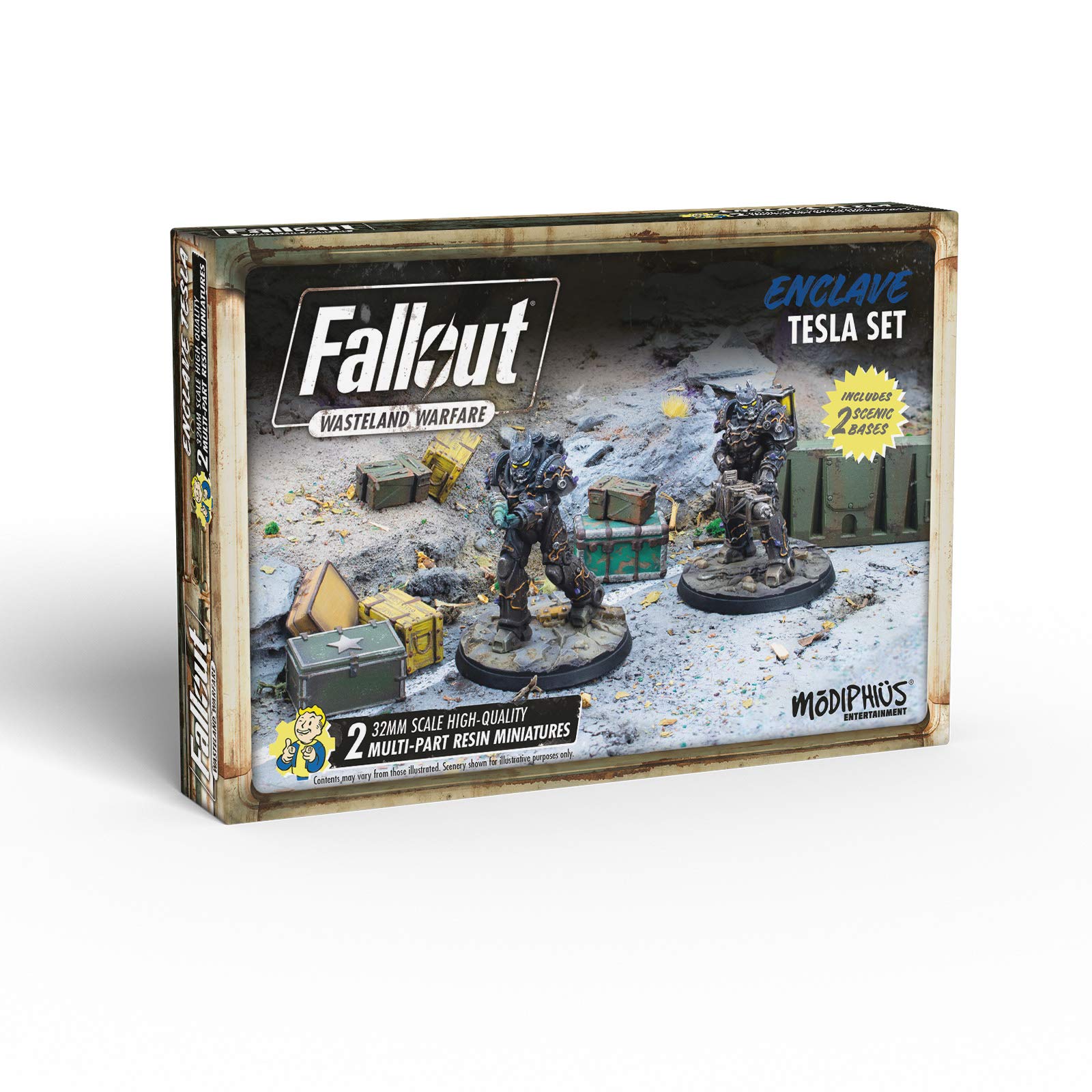 Modiphius Enclave Tesla set close-up, showcasing energy coils and armor details for gameplay