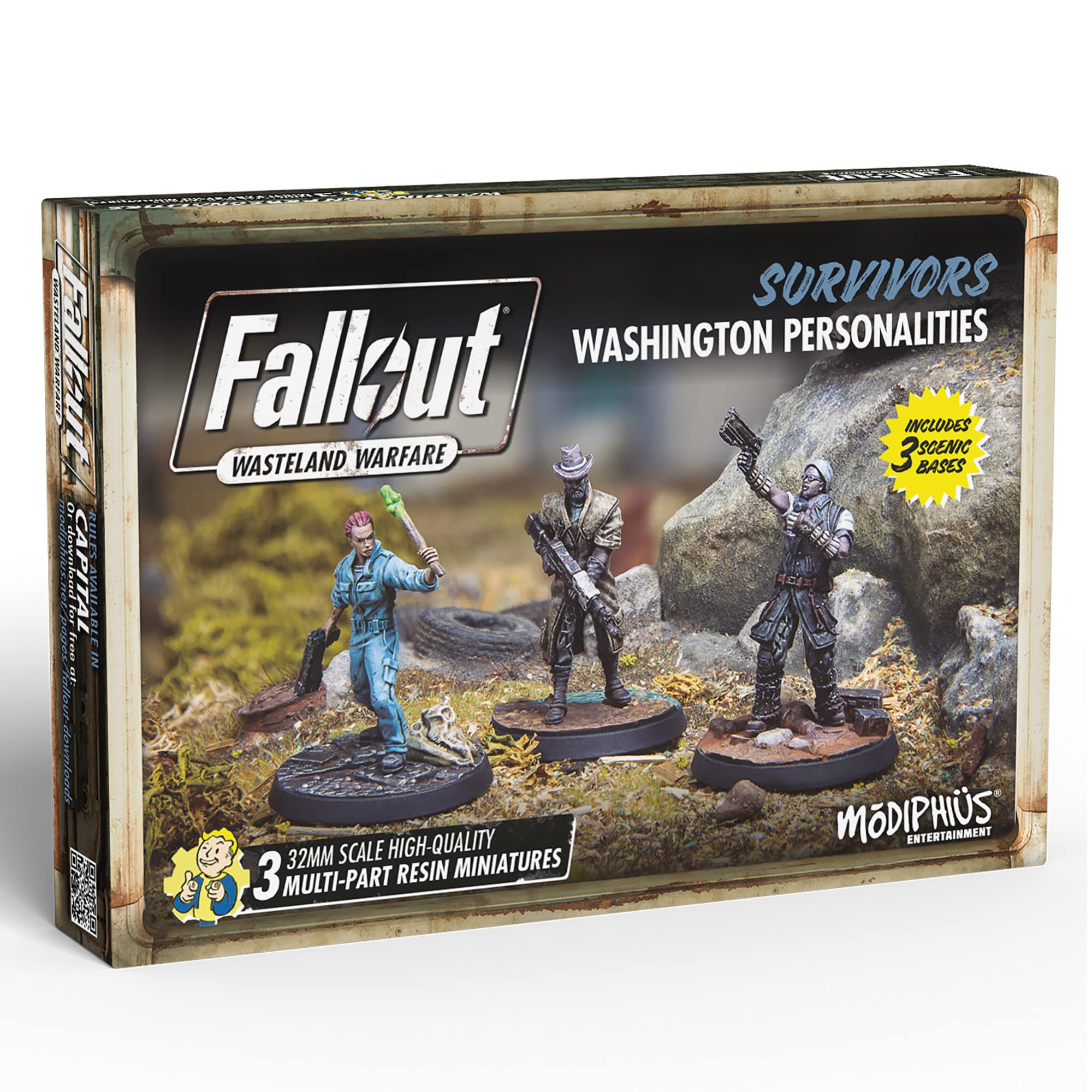 Modiphius Fallout Wasteland Warfare Three Dog figure on a detailed base for tabletop battles.