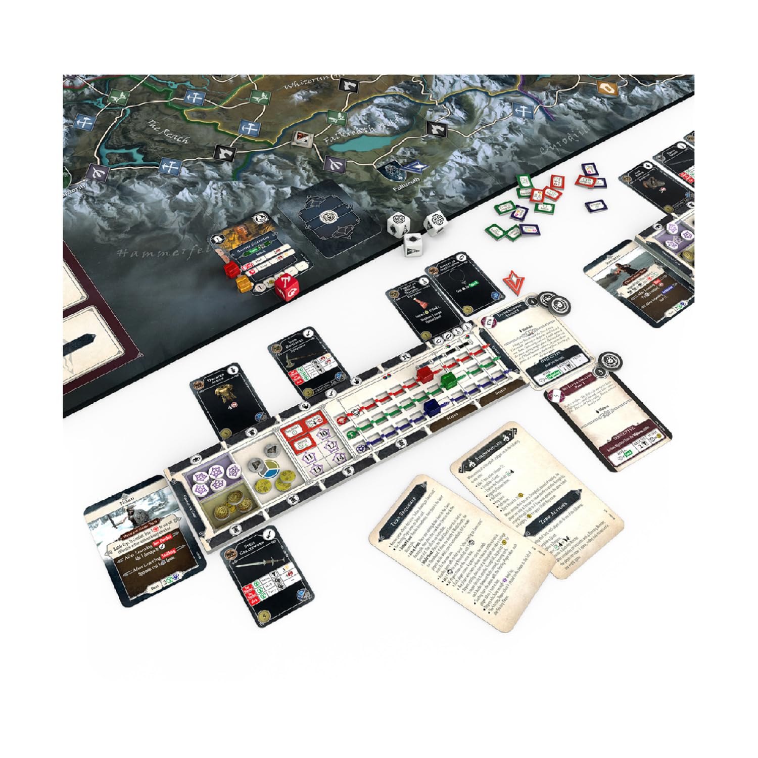 Modiphius Skyrim The Adventure Game rulebook and boards set the quest mood.
