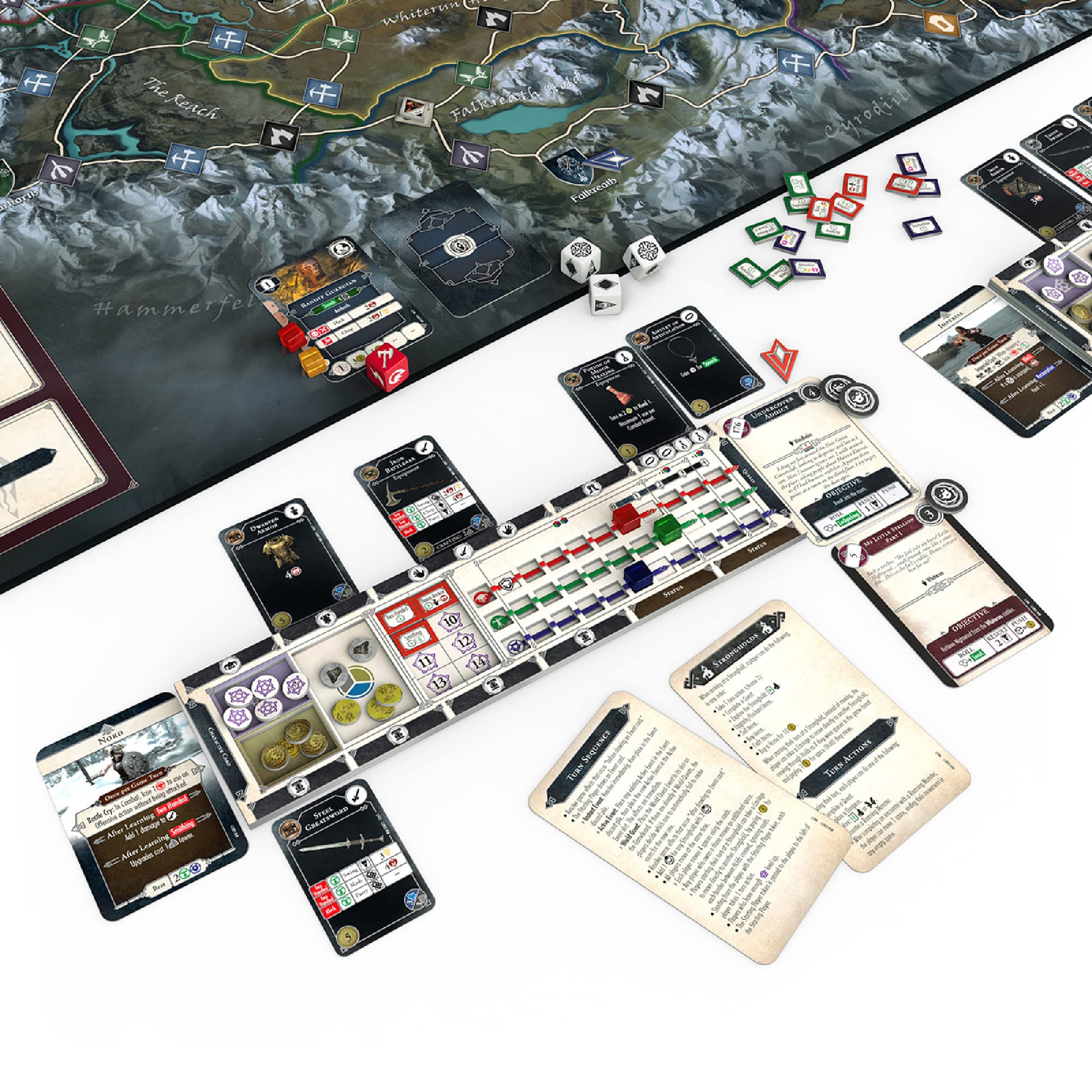 Modiphius Skyrim The Adventure Game player board highlights modular quest tracks for teamwork.