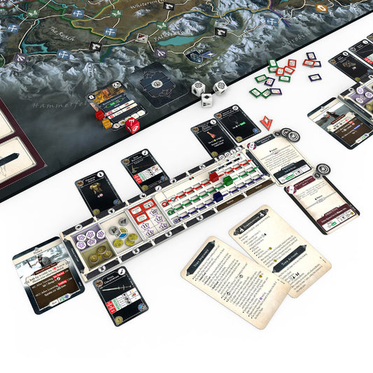 Modiphius Skyrim The Adventure Game player board highlights modular quest tracks for teamwork.
