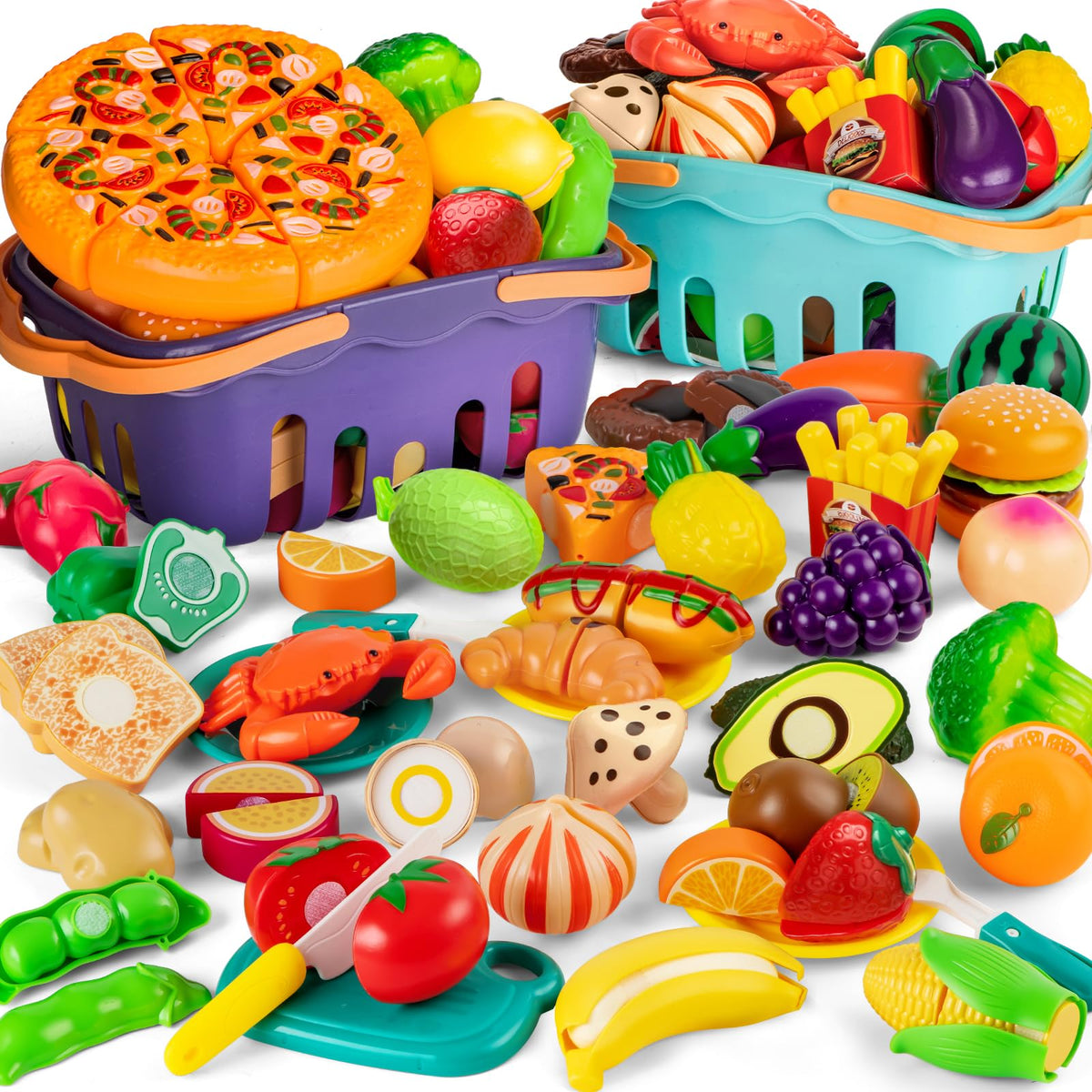 MOEAWS cutting play food 115-piece set for interactive toddler kitchen play.