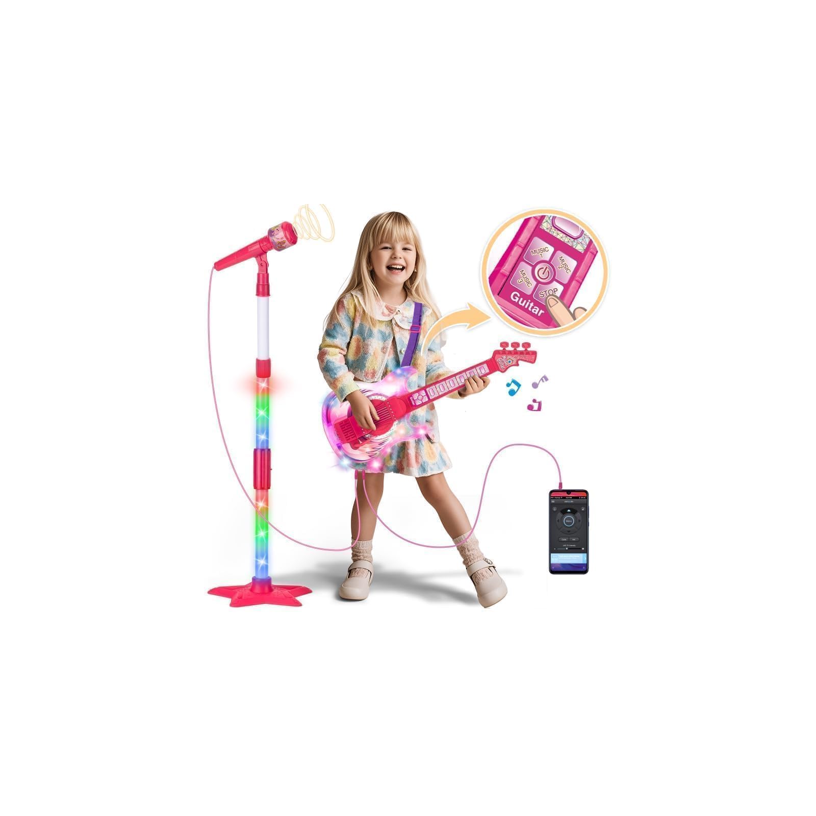 MOEAWS pink kids guitar and microphone set front view for imaginative play