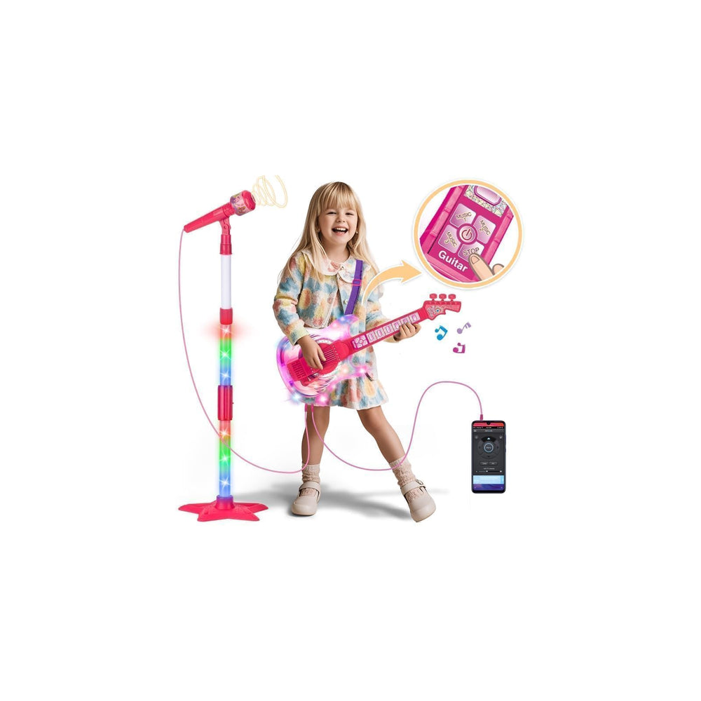 MOEAWS pink kids guitar and microphone set front view for imaginative play
