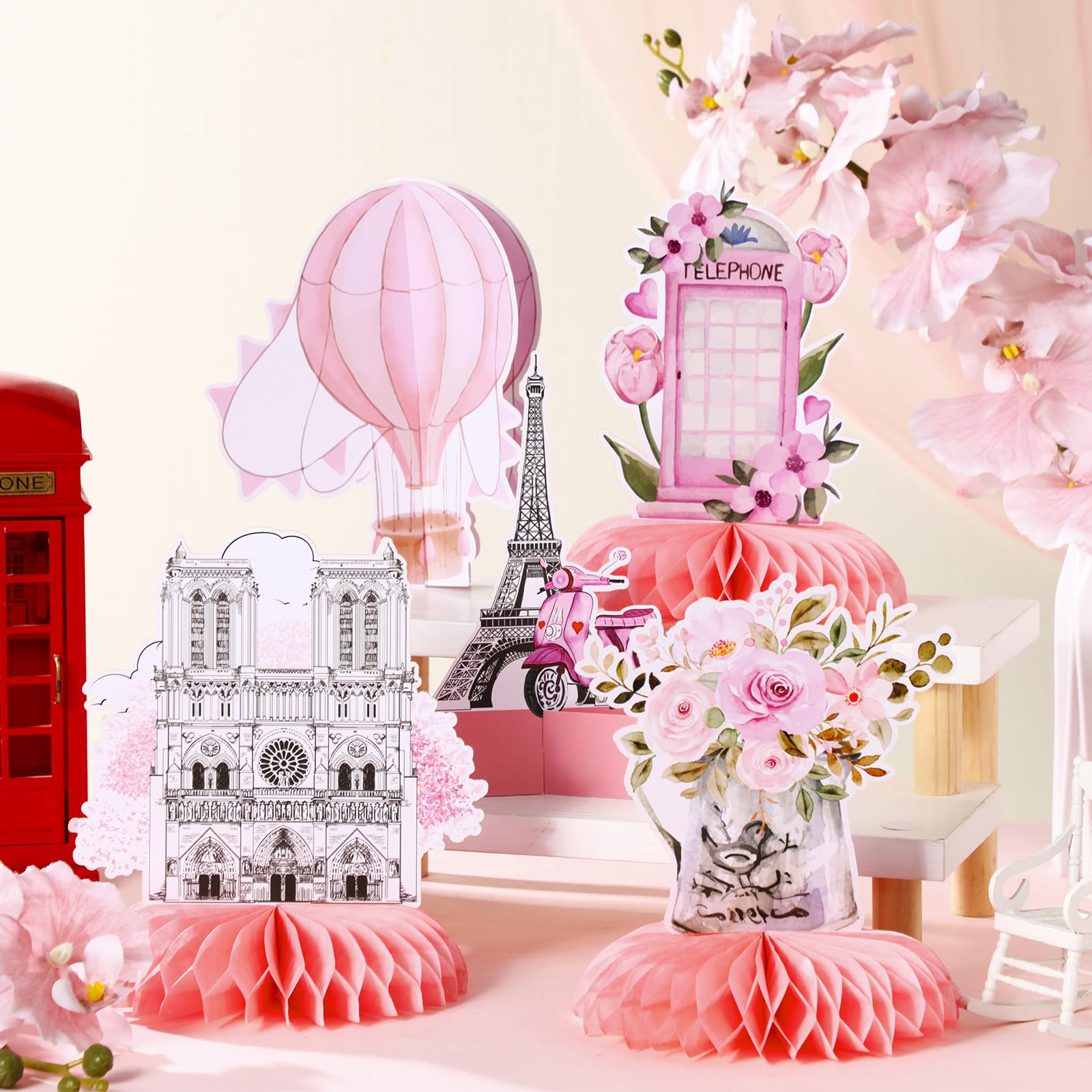 Moinchore hot air balloon honeycomb centerpiece sparks Parisian whimsy.