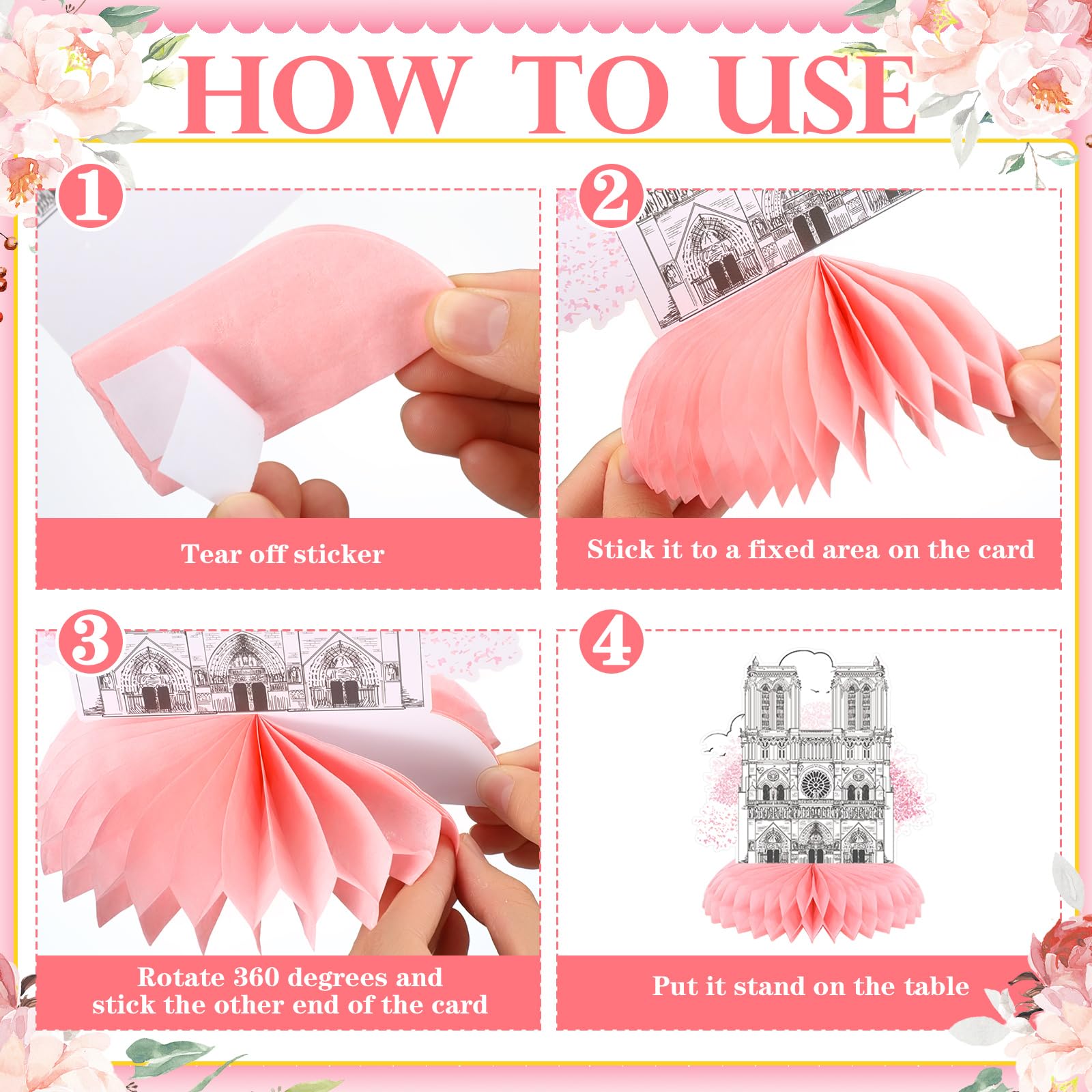 Moinchore pink Paris honeycomb centerpiece adds soft sparkle to tables.